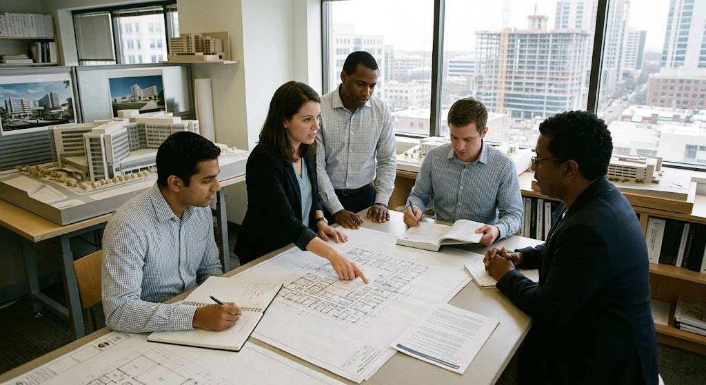 "Architects reviewing hospital building blueprints and models in an office with city view."
