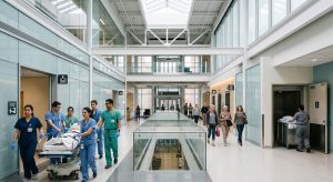 "Hospital interior with staff transporting a patient, separated public and clinical areas visible."