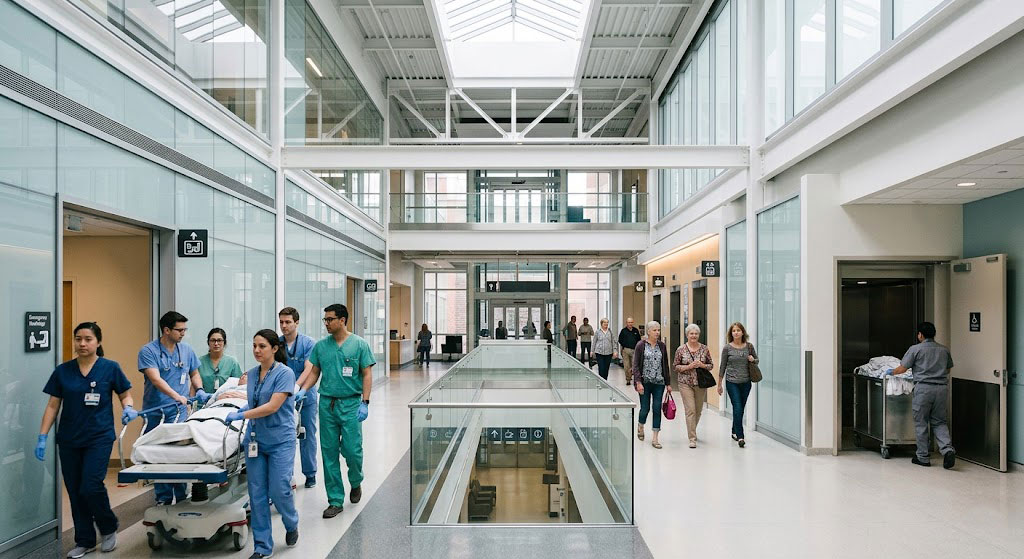"Hospital interior with staff transporting a patient, separated public and clinical areas visible."
