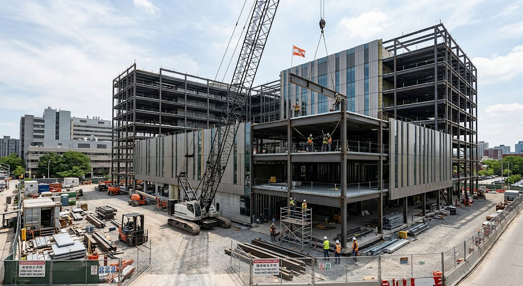 "Steel-framed hospital under construction with crane, workers, and construction materials on site."