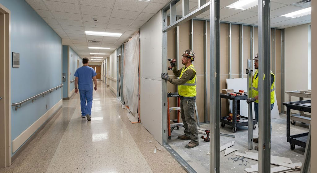 "Hospital corridor under construction with worker installing drywall and a nurse walking down hallway."