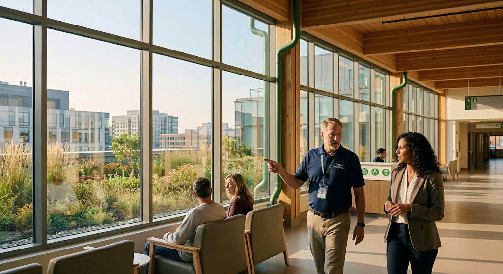 "Hospital corridor with staff walking and patients seated by large windows overlooking outdoor garden."
