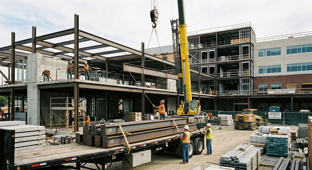 "Hospital expansion under construction with steel frame, crane lifting beams, and workers on site."