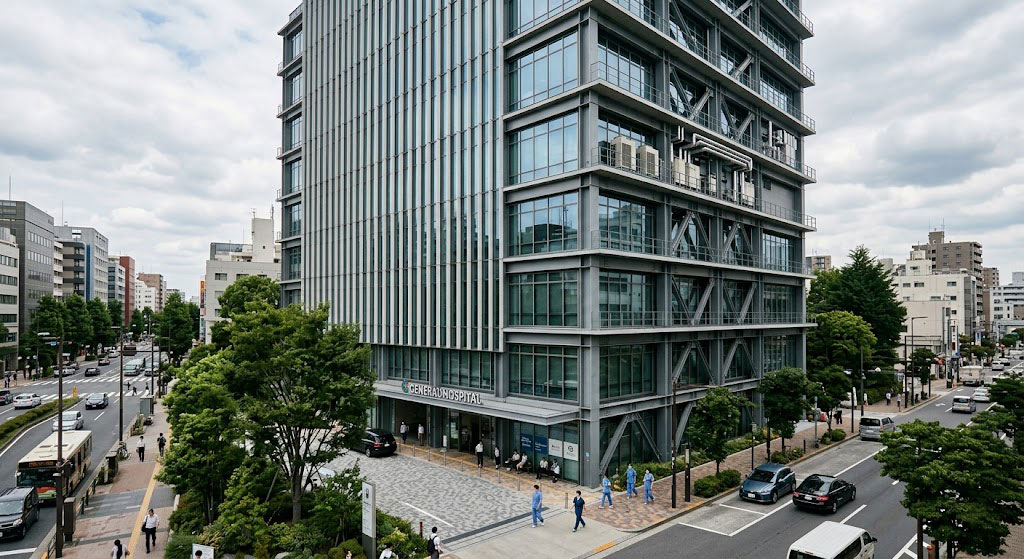 "Modern hospital exterior with steel and glass facade, city street view, and staff walking near entrance."