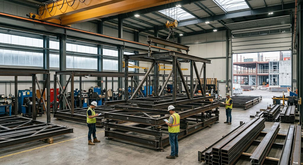"Factory assembling steel hospital building frames with workers inspecting components and crane lifting beams."