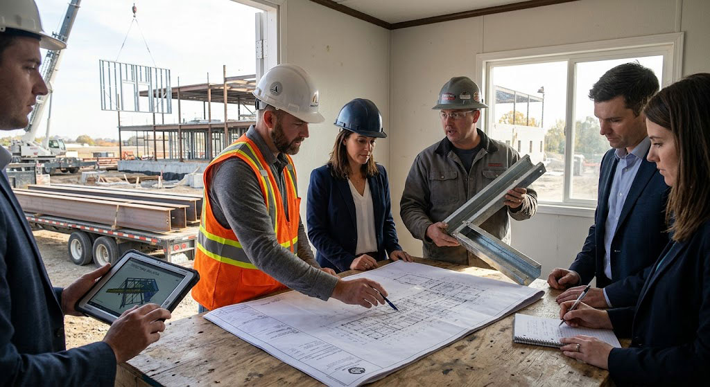 "Construction meeting with engineers reviewing hospital building plans and steel components on site."