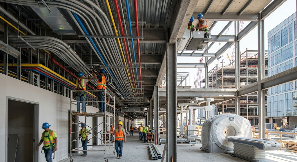 "Construction of a hospital building interior with steel framework, piping, and workers installing systems."