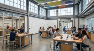 This room demonstrates how steel-framed school buildings can accommodate flexible, modern classrooms that integrate technology and collaborative learning effectively.