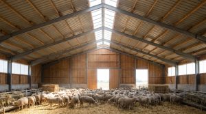 Steel livestock shelter with galvanized steel structure, housing a large flock of sheep indoors under a wide-span agricultural building with natural light, designed for durable farm construction and optimized livestock health management.