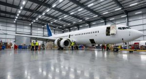 "Interior of an aircraft maintenance hangar showing a large passenger plane undergoing inspection and repairs, with technicians working around the aircraft, emphasizing aircraft maintenance hangar workflow and organized work zones."