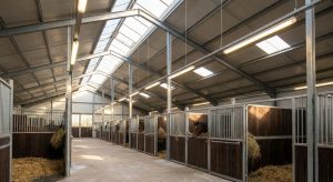 Modern LED-Lit Steel Horse Stable Interior with Skylight