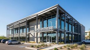 Modern two-story Apex Fitness building with glass windows, steel frame, and parking lot in front.