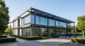 A contemporary Prefabricated Office Building with modular steel frame, extensive glass windows, and landscaped surroundings.