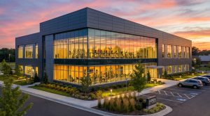 Modern steel structure gym exterior at sunset with full glass walls and visible interior workouts.