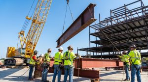 "Workers guiding steel beams during 50000 sq ft building assembly with crane and steel framework."