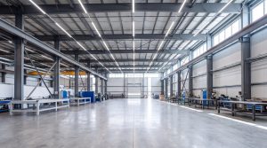 Spacious modern steel workshop interior with workstations, high ceilings, and industrial lighting
