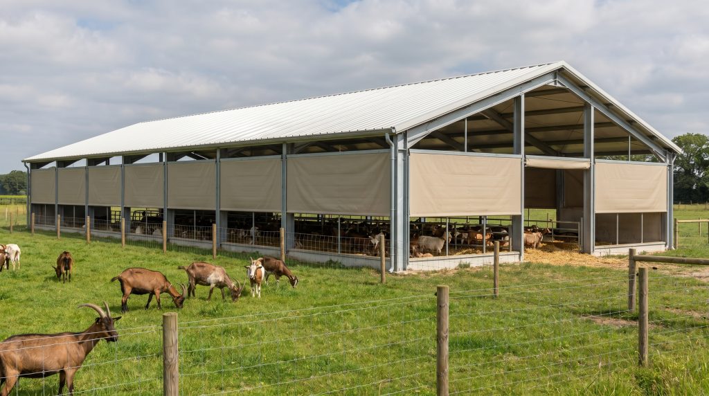 "Large steel-framed barn with partially covered sides, goats grazing outside in a fenced green pasture."