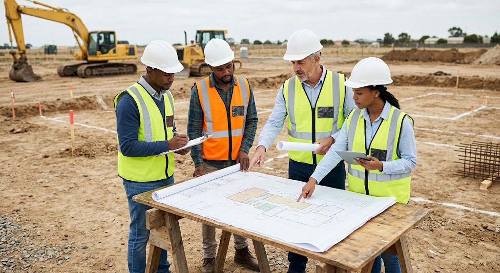 Engineers and architects review plans on a construction site to ensure spatial alignment and prevent overruns.