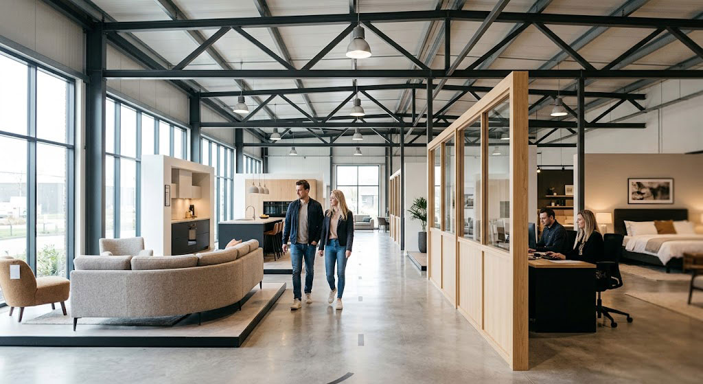 A modern open-plan furniture showroom with clean sightlines, featuring distinct zones for luxury displays (living room sets), smooth pedestrian pathways, a separate staff reception desk, and a robust steel frame ceiling structure under natural light.
