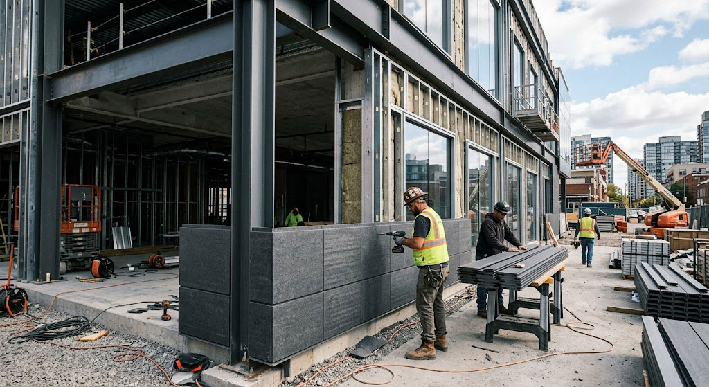 "Construction workers installing steel panels on a showroom building frame, How to build a showroom building."