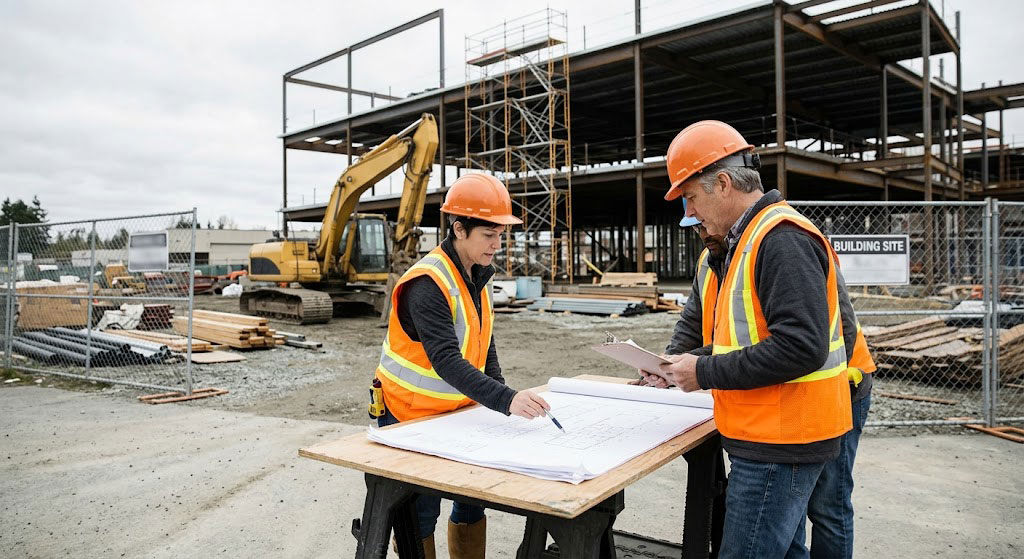 "Engineers reviewing plans at a commercial showroom construction site, ensuring compliance with local building codes."