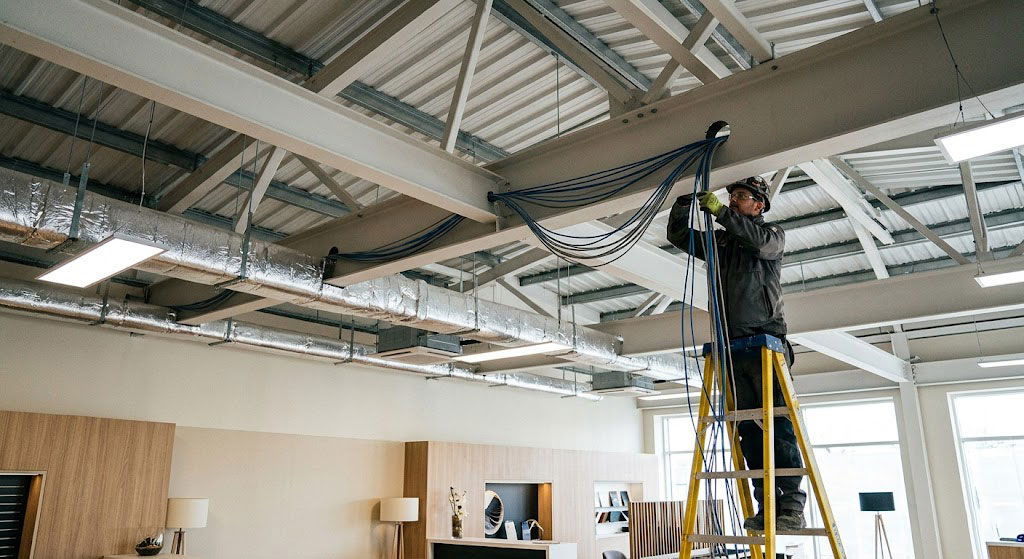 "Technician installing wiring and smart systems in a showroom ceiling, integrating modern utilities and tech."