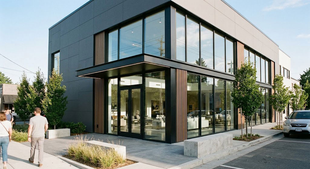 "Modern showroom with glass facade and sleek finishes, showcasing design elements that boost customer appeal."