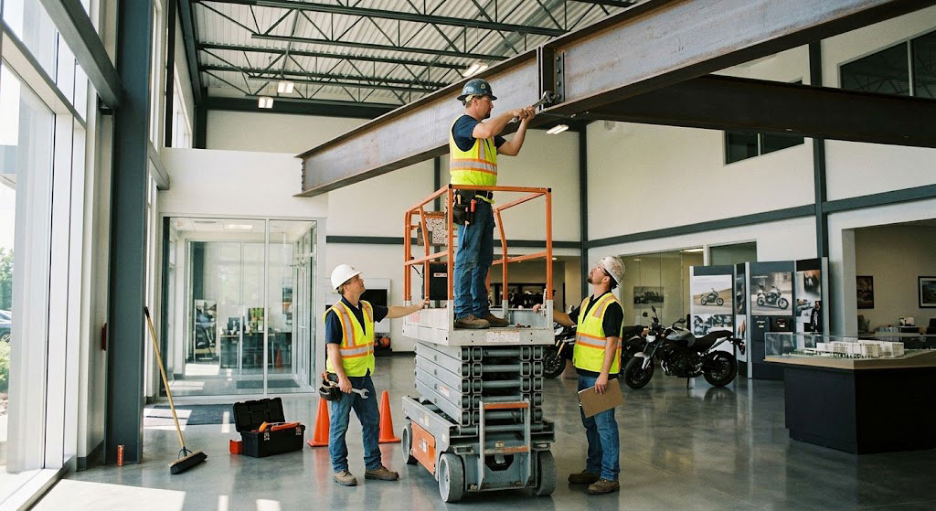 "Workers inspecting and tightening steel beams in a showroom, demonstrating maintenance habits for safety."