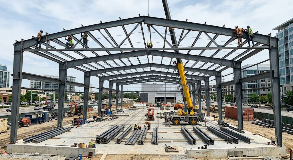 Workers are assembling the massive steel-structure framework of the exhibition hall with the aid of cranes; the site is tidy.