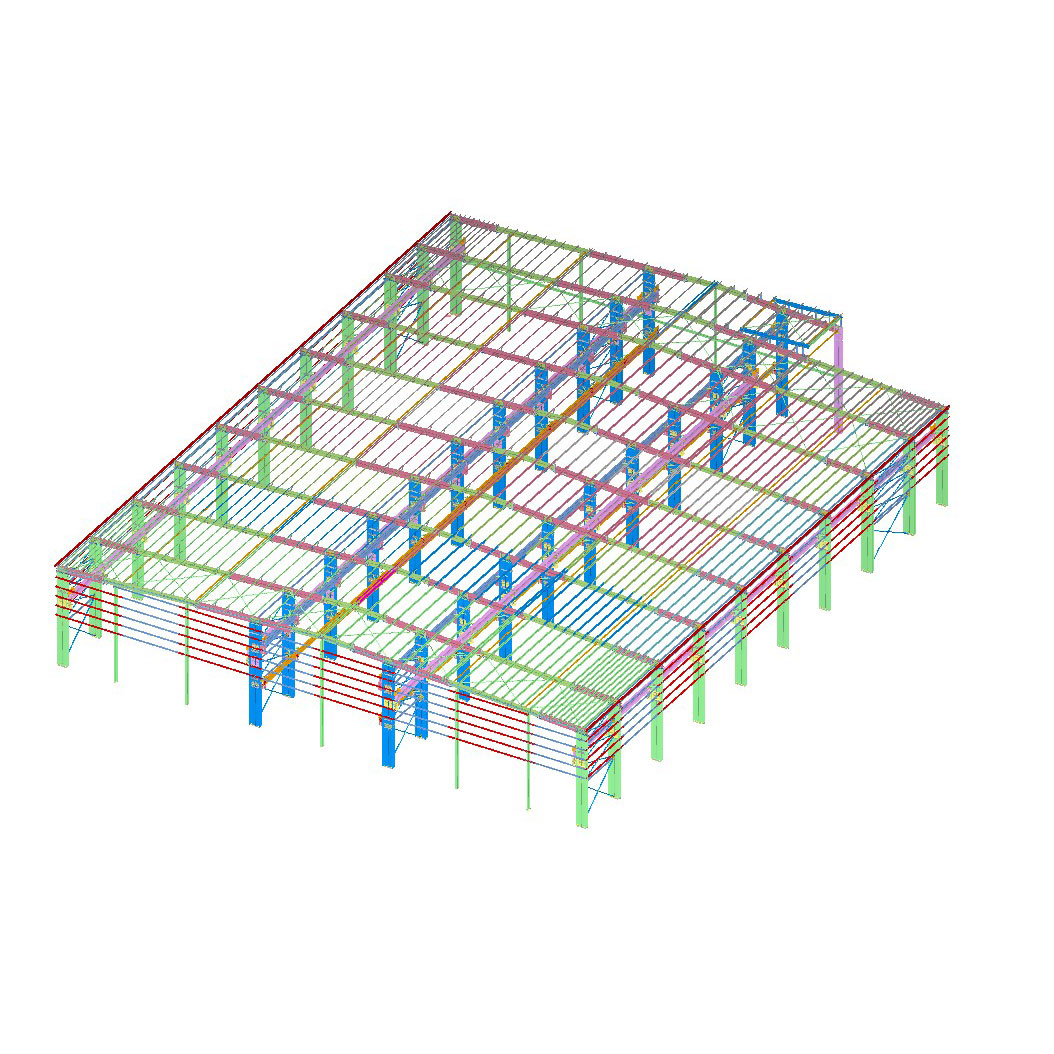 3D industrial steel structure design showing multi-span portal frames, roof purlins, wall girts, and internal framing.