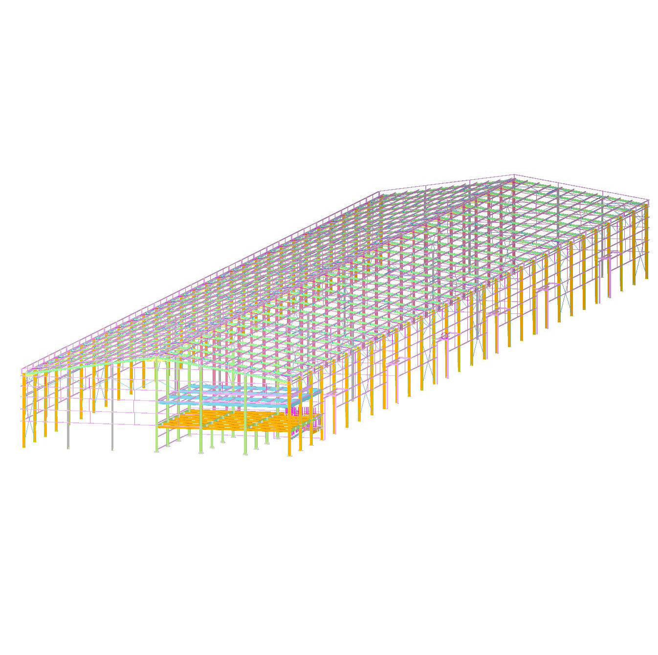 3D industrial steel structure design with portal frames, roof purlins, wall girts, bracing, and an internal platform.