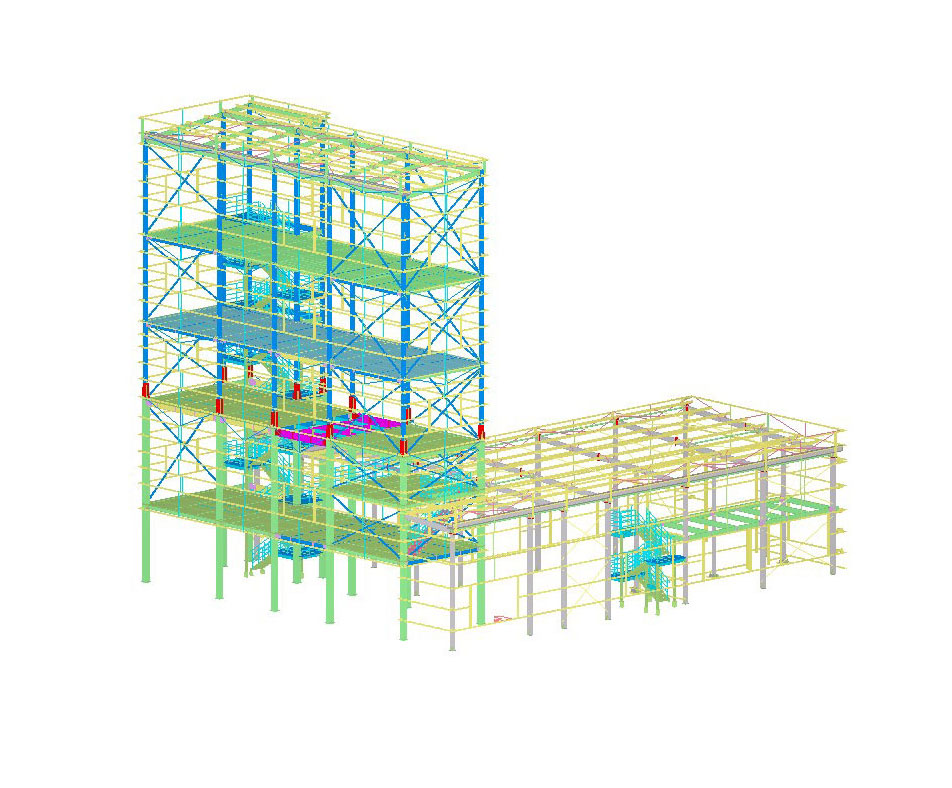 3D steel structure building design with a multi-storey frame, floor platforms, bracing, stairs, and a low-rise extension.