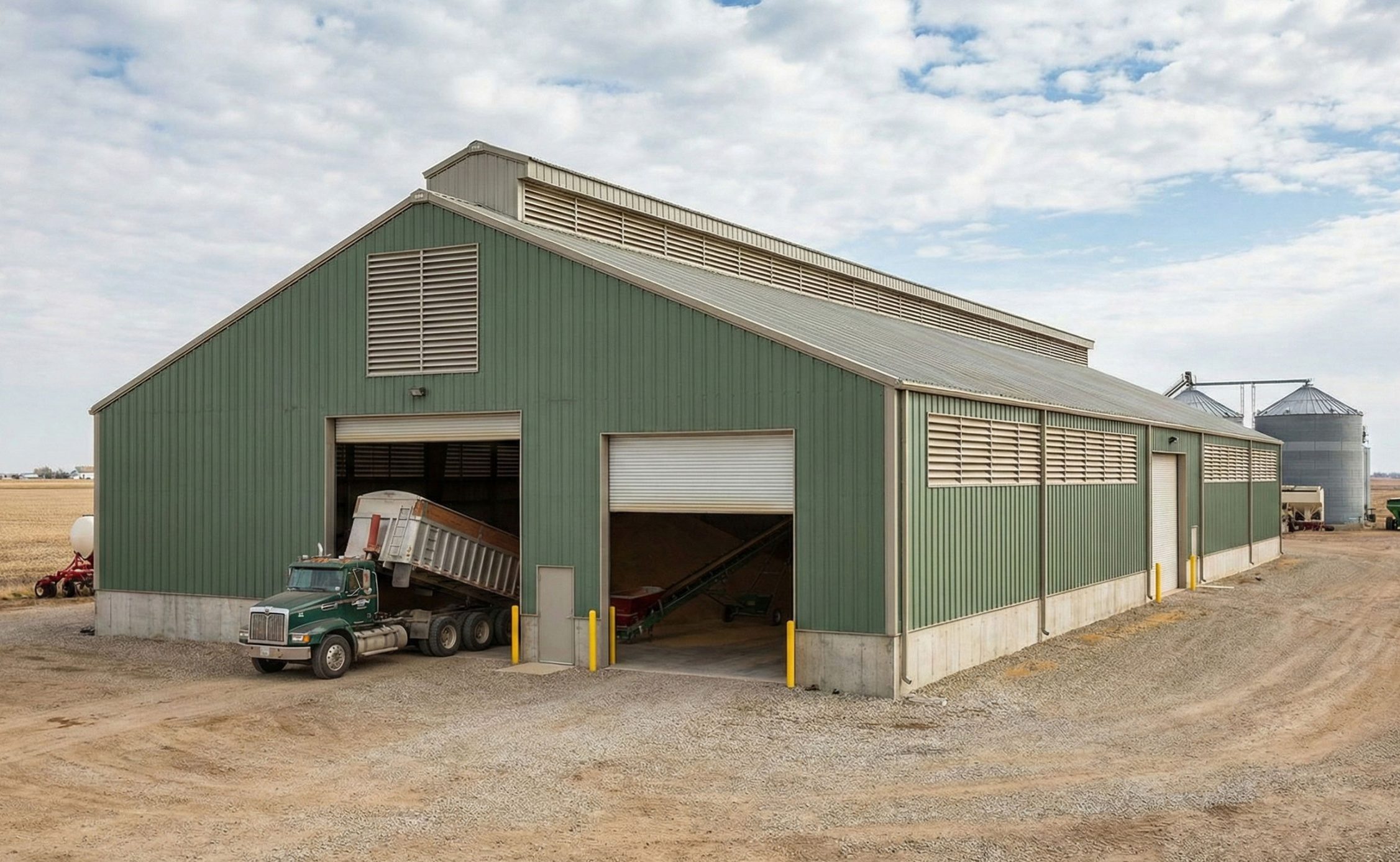 Agricultural steel structure warehouse with grain unloading bays, ventilation louvers, and nearby storage silos.
