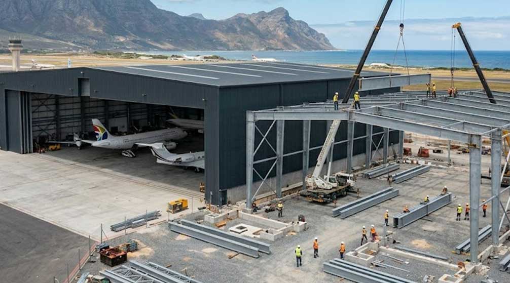 Aircraft hangar construction beside an existing hangar, with cranes installing steel frames for a modular expansion bay.