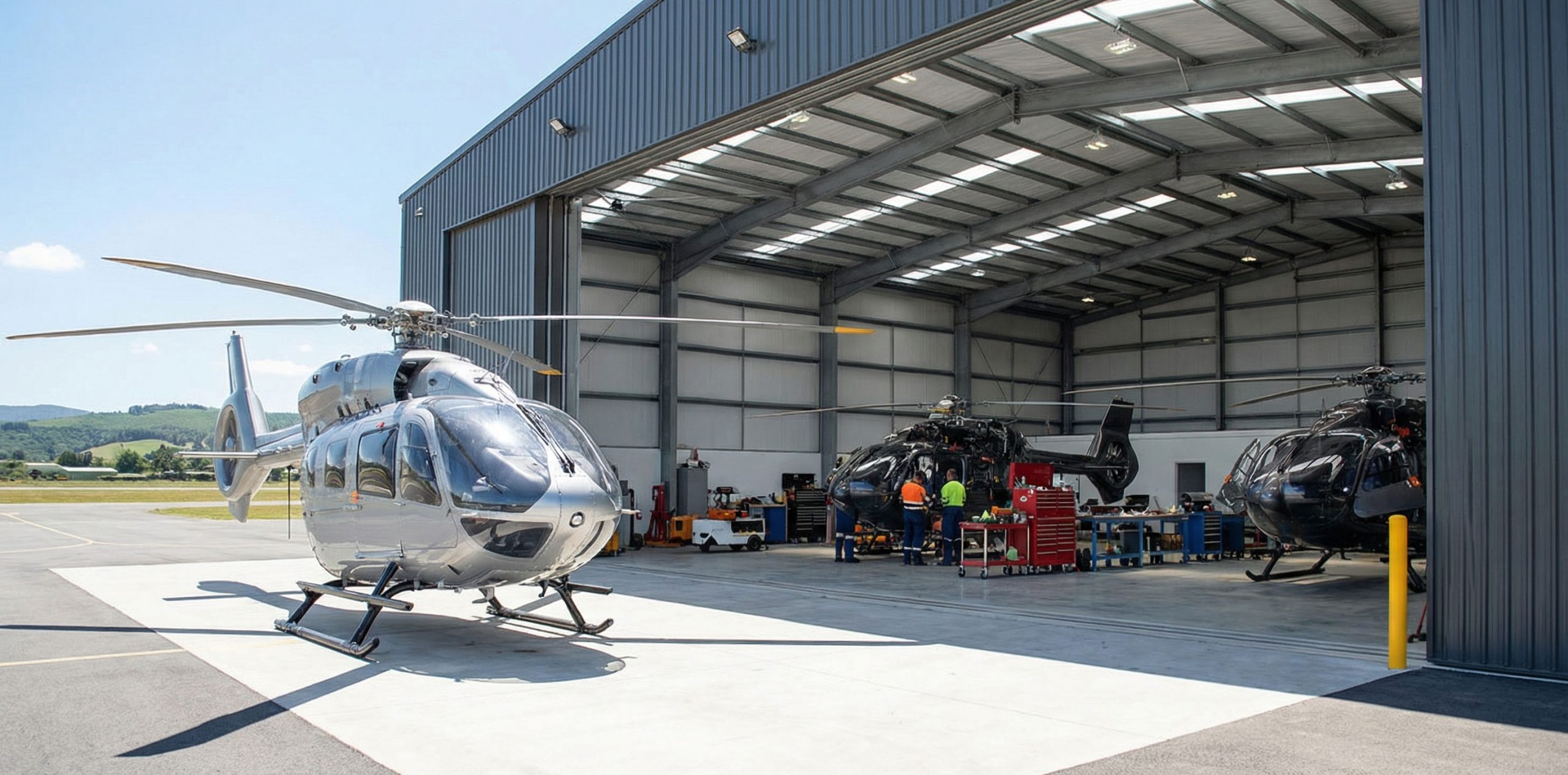 Aircraft maintenance hangar with several helicopters, service technicians, and a bright steel interior with wide door access.