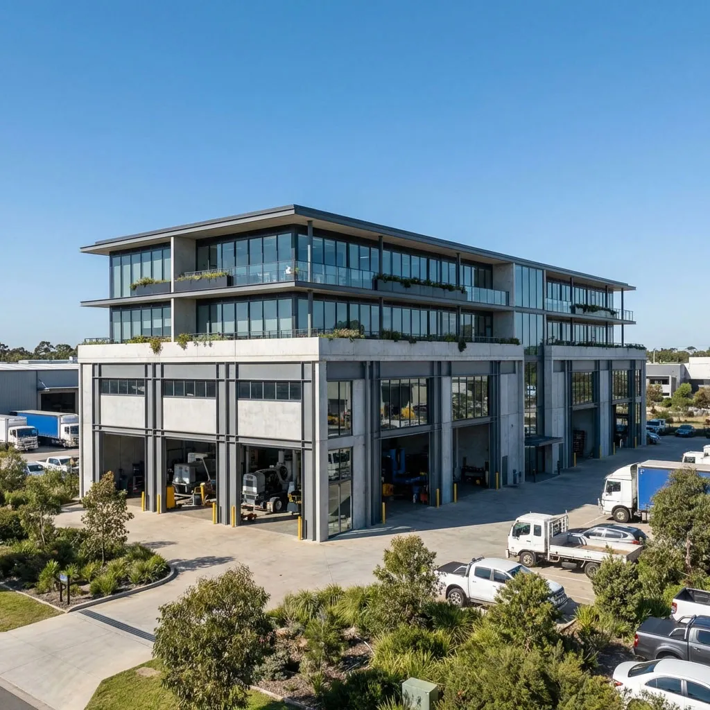 Australia 4-floor multi-storey steel building with production bays below and glazed office levels above.