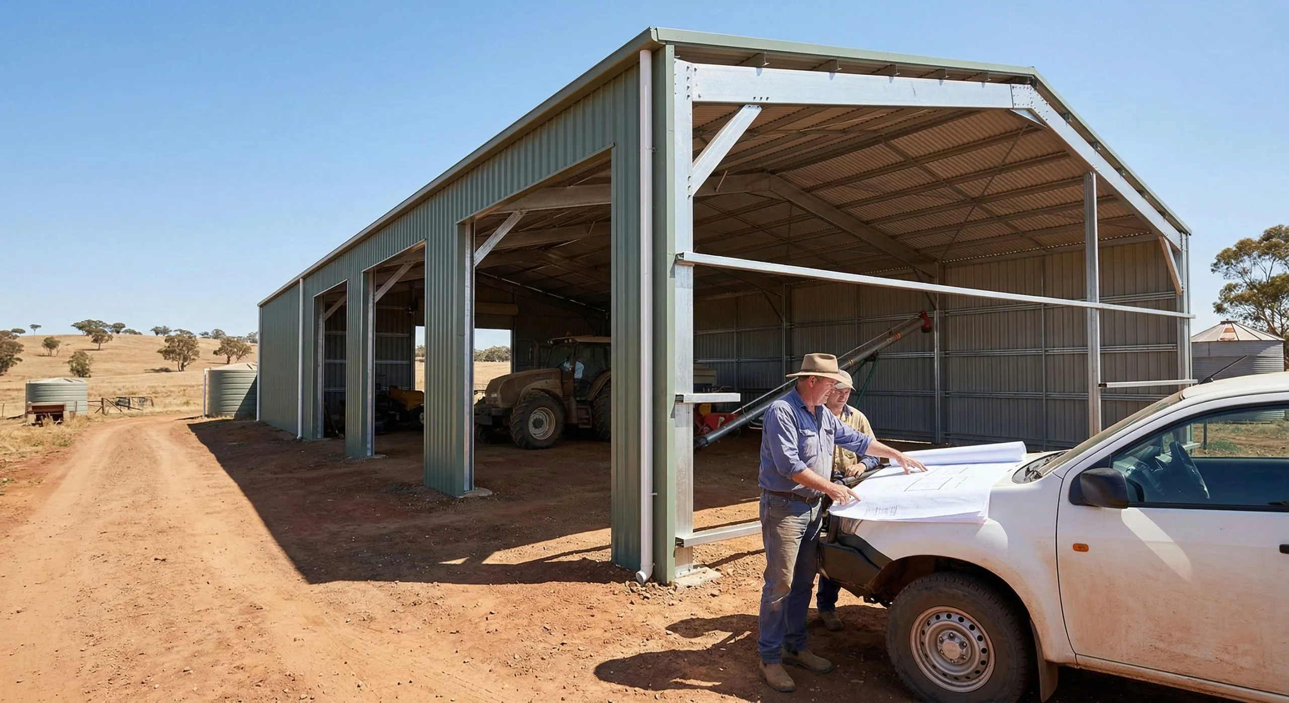 Farm owners review building plans beside a large-span steel shed used for machinery storage in Australia.
