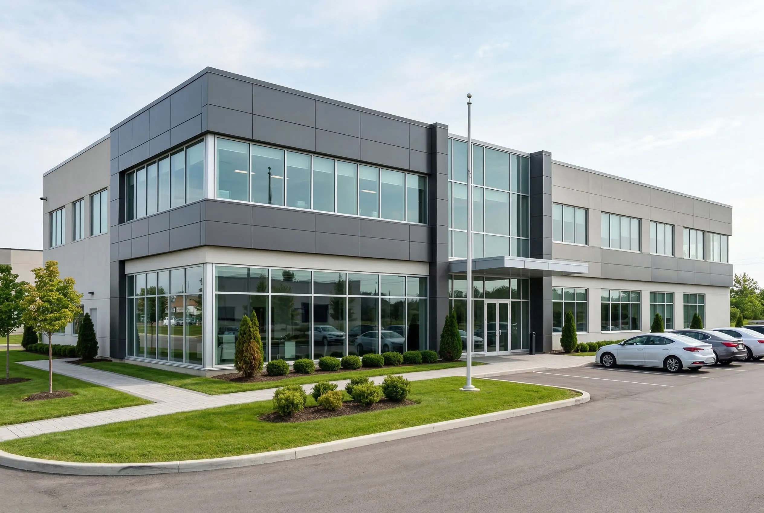 Two story steel structure office building project in Australia for a manufacturing corporate office, with glass facade, entrance canopy, parking area and showroom-ready workspace.