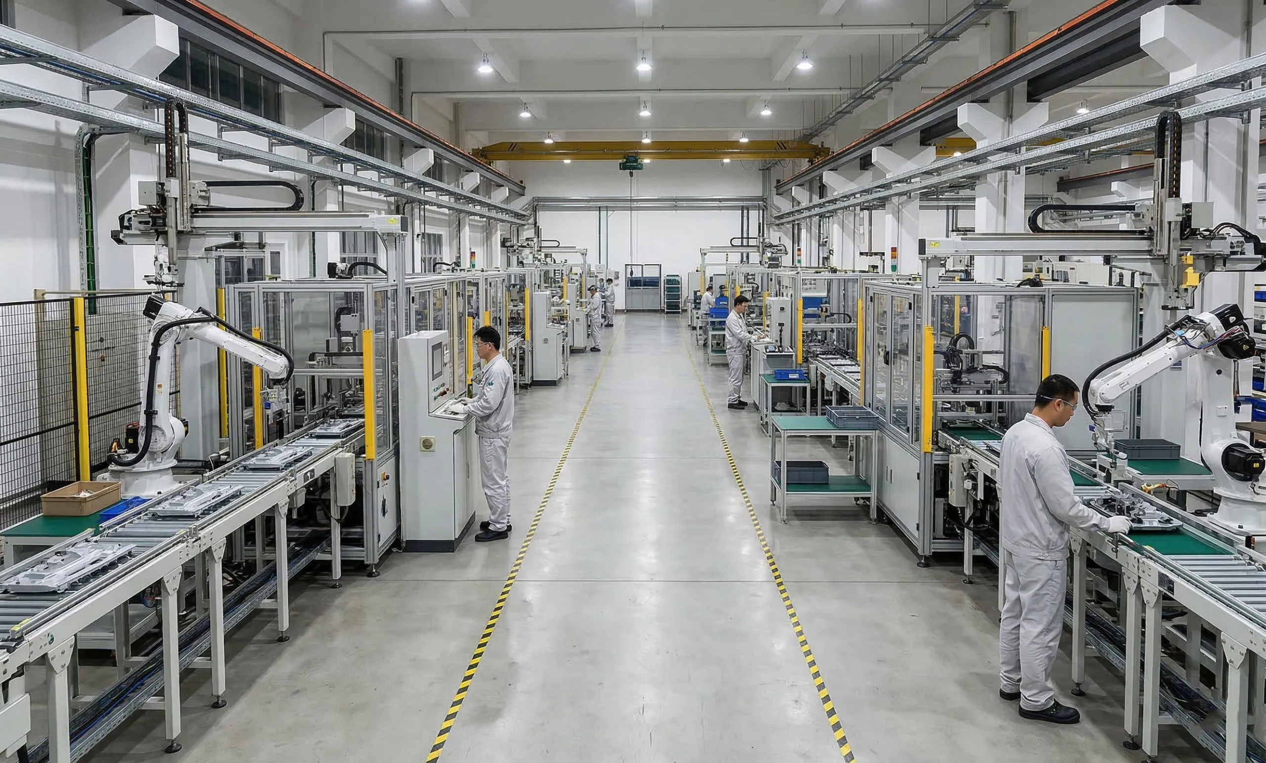 Automated production lines and robotic equipment inside a steel structure factory building for industrial owners.