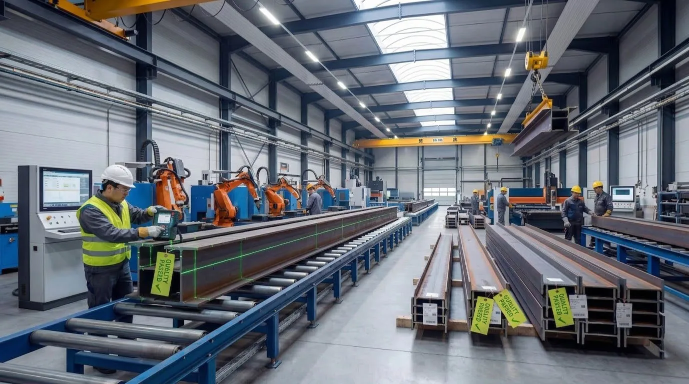 Automated steel structure fabrication line processing H-section beams with robotic equipment, laser alignment, and quality checks for prefabricated building projects.