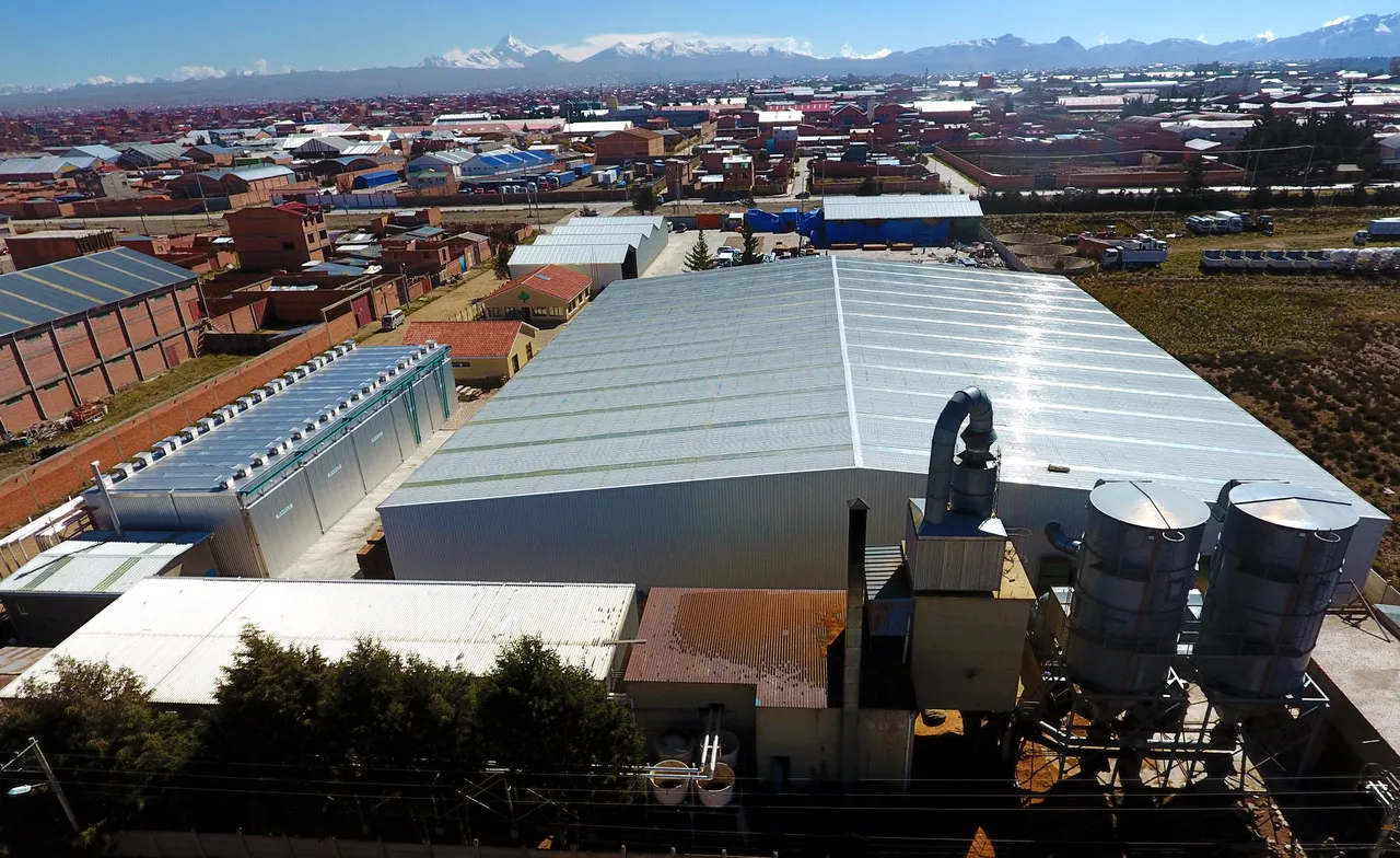 Rear aerial view of the completed 4,320 m² steel structure warehouse building in El Alto, Bolivia