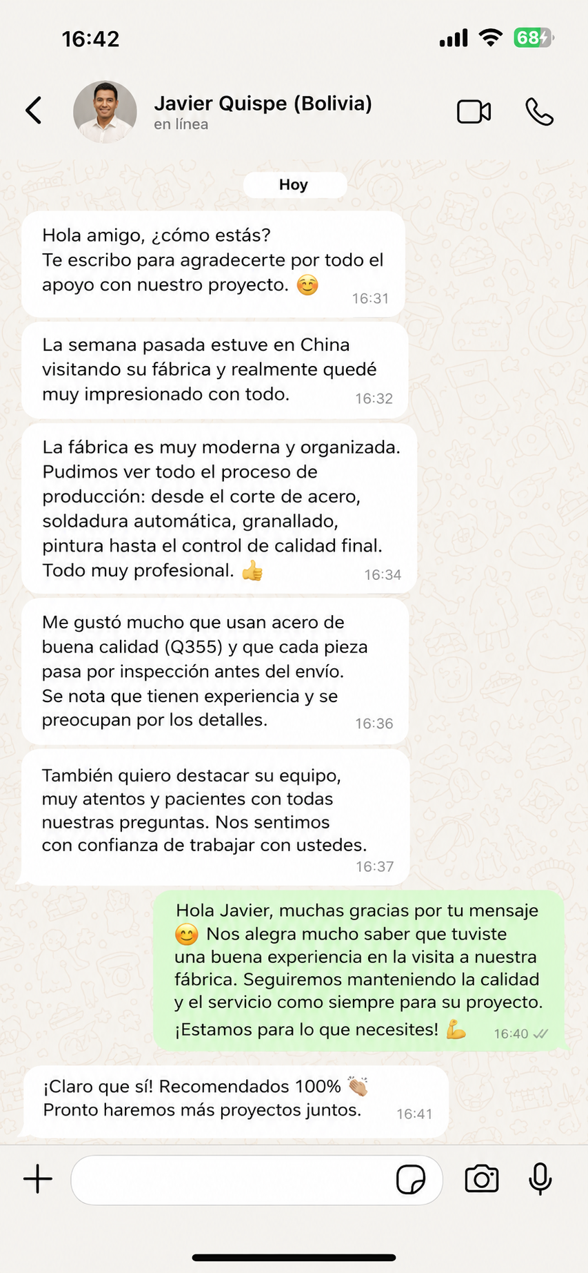 WhatsApp review from Bolivia praising Q355 steel, factory production, quality inspection, and professional project support.