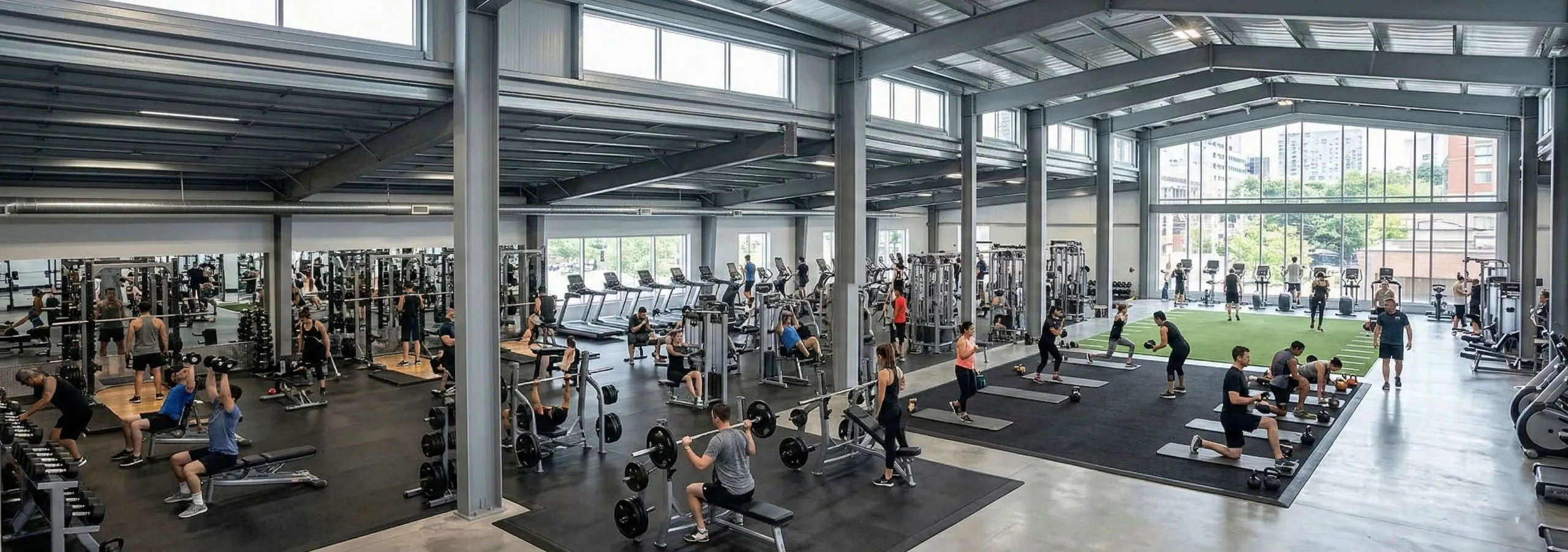 Busy steel-framed fitness floor with free weights, cardio stations, turf and multiple users at peak activity.
