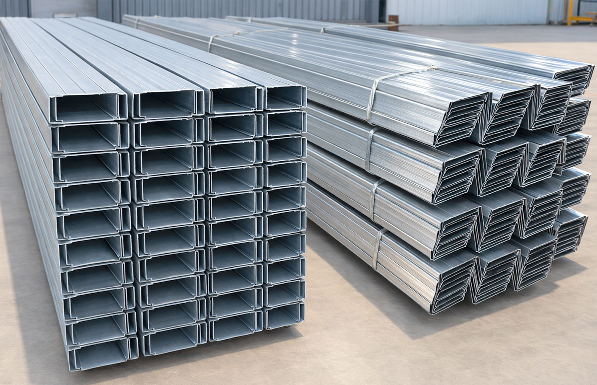 Bundles of C and Z steel purlins stacked for use as roof and wall framing components in steel structure buildings.