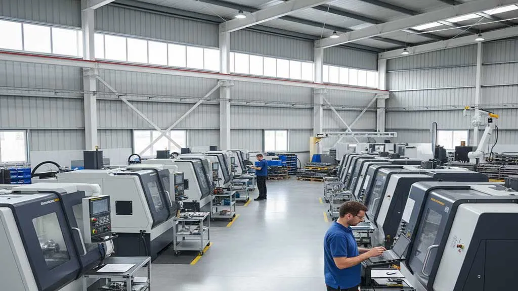 CNC production workshop supporting prefab steel structure building manufacturing with automated equipment, skilled operators, and controlled processing procedures.