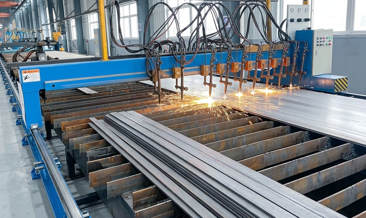 Multi-torch CNC cutting machine processing steel plates for fabricated steel structure building components.