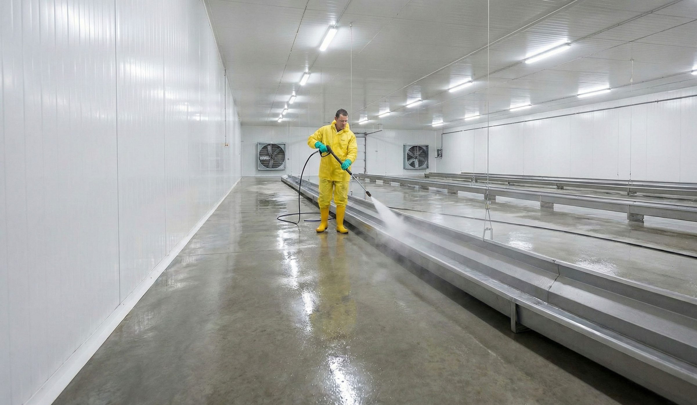 Worker pressure-washing the concrete floor inside an enclosed chicken house between production cycles.