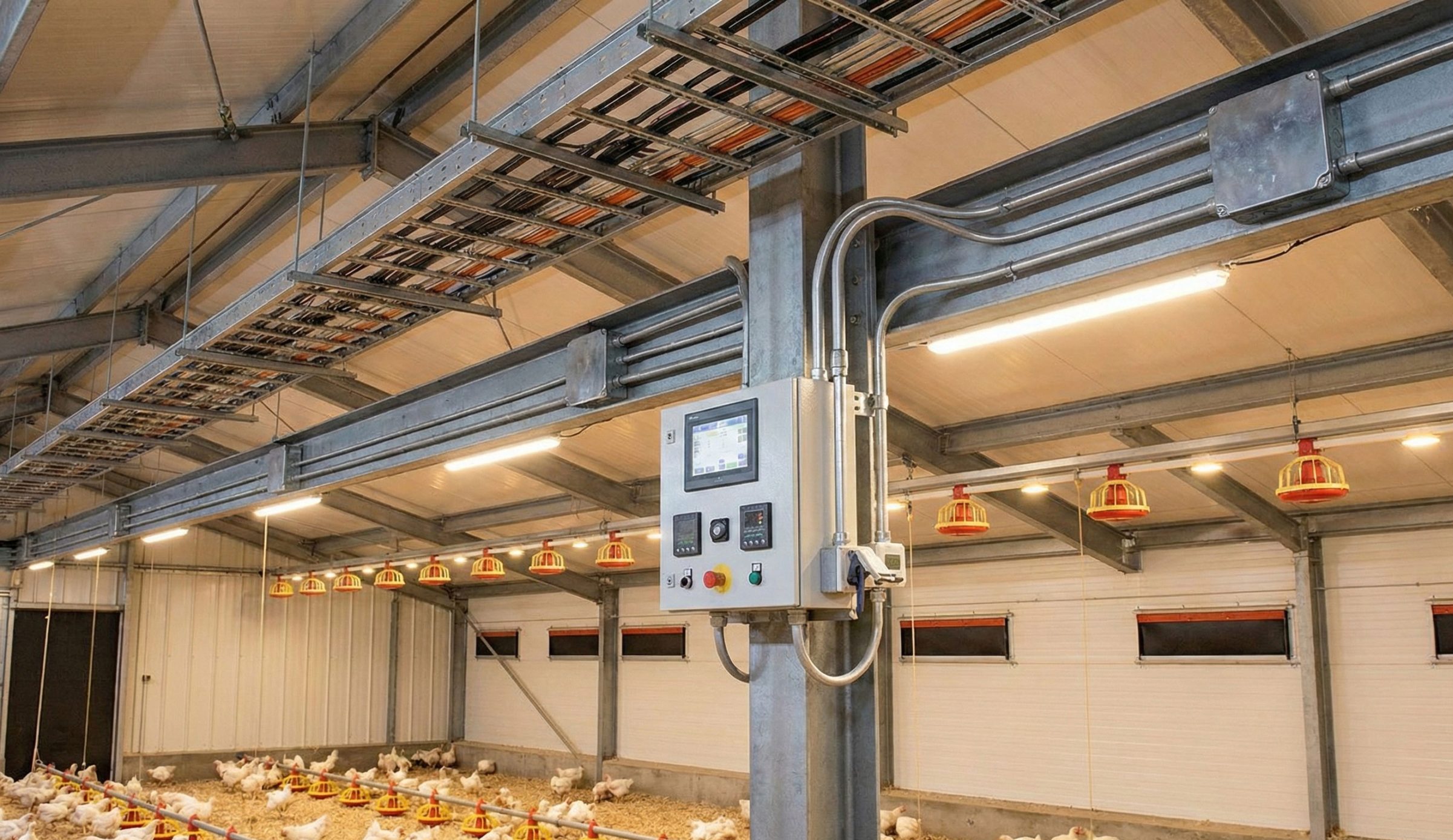Chicken house controller, conduits and cable trays mounted on a steel frame above suspended poultry equipment.