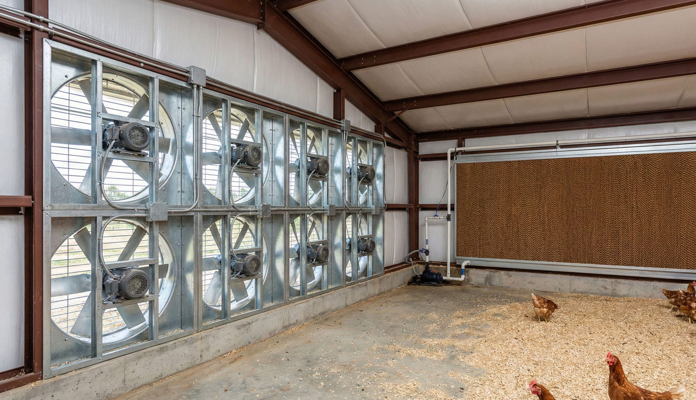 Chicken house cooling pad and exhaust fans installed within steel-framed wall openings for ventilation.