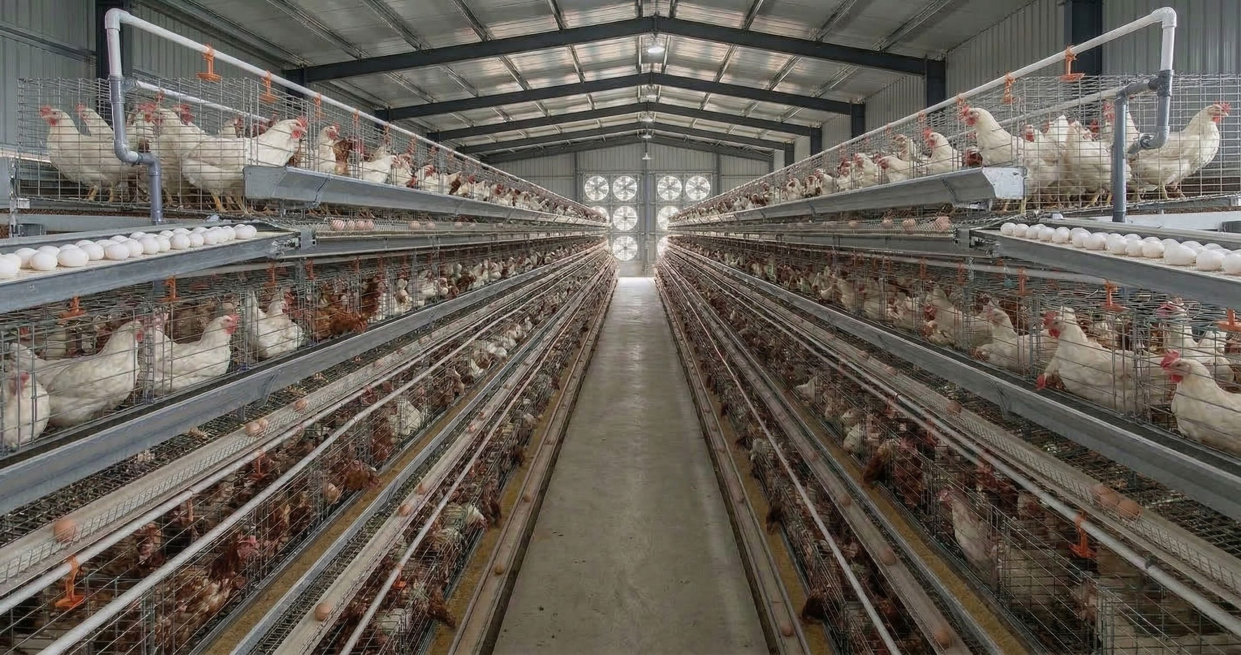 Interior of a chicken layer house with multi-tier cages, feed troughs, nipple drinkers, egg belts and exhaust fans.